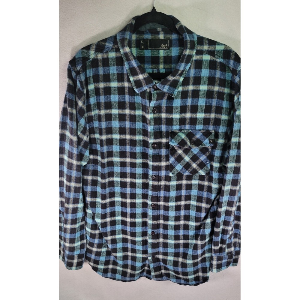 Lost Mens Blue Plaid Flannel Board Shirt XL Long Sleeve Skater Button Up
